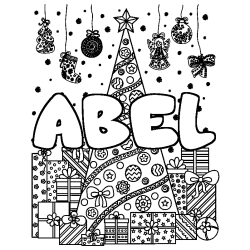 Coloring page first name ABEL - Christmas tree and presents background