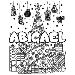 Coloring page first name ABIGAEL - Christmas tree and presents background