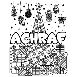 Coloring page first name ACHRAF - Christmas tree and presents background