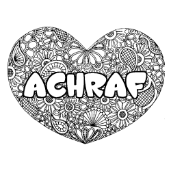 Coloring page first name ACHRAF - Heart mandala background