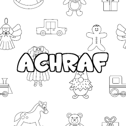 Coloring page first name ACHRAF - Toys background