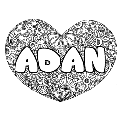 Coloring page first name ADAN - Heart mandala background