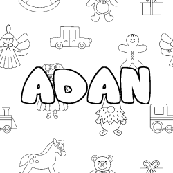 Coloring page first name ADAN - Toys background