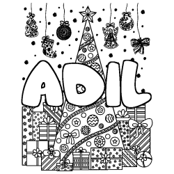 Coloring page first name ADIL - Christmas tree and presents background