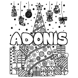 Coloring page first name ADONIS - Christmas tree and presents background