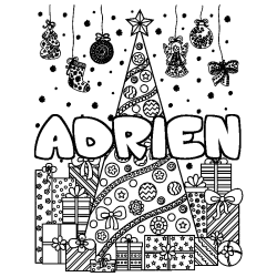 Coloring page first name ADRIEN - Christmas tree and presents background