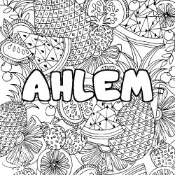 Coloring page first name AHLEM - Fruits mandala background