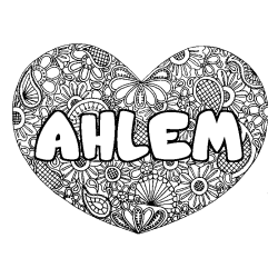 Coloring page first name AHLEM - Heart mandala background