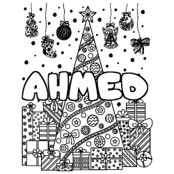 Coloring page first name AHMED - Christmas tree and presents background