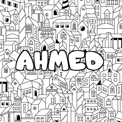 Coloring page first name AHMED - City background