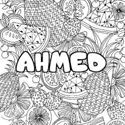 Coloring page first name AHMED - Fruits mandala background