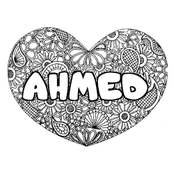 Coloring page first name AHMED - Heart mandala background