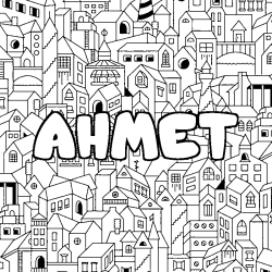 Coloring page first name AHMET - City background