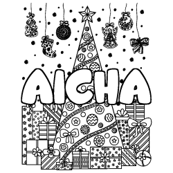 Coloring page first name AICHA - Christmas tree and presents background