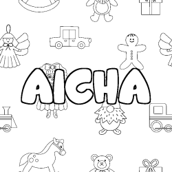 Coloring page first name AICHA - Toys background