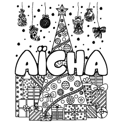 Coloring page first name AÏCHA - Christmas tree and presents background
