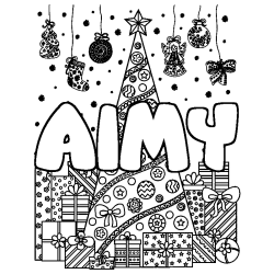 Coloring page first name AIMY - Christmas tree and presents background