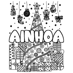 Coloring page first name AINHOA - Christmas tree and presents background