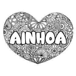 Coloring page first name AINHOA - Heart mandala background