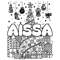 Coloring page first name AISSA - Christmas tree and presents background