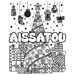 Coloring page first name AISSATOU - Christmas tree and presents background