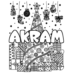 Coloring page first name AKRAM - Christmas tree and presents background