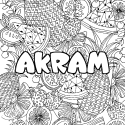 Coloring page first name AKRAM - Fruits mandala background