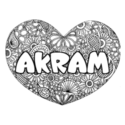 Coloring page first name AKRAM - Heart mandala background