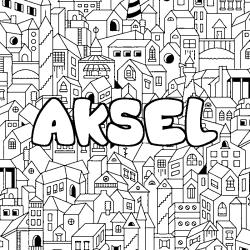 Coloring page first name AKSEL - City background