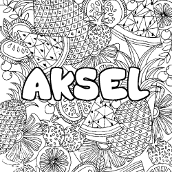 Coloring page first name AKSEL - Fruits mandala background