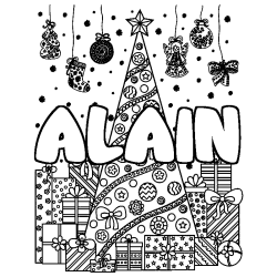 Coloring page first name ALAIN - Christmas tree and presents background
