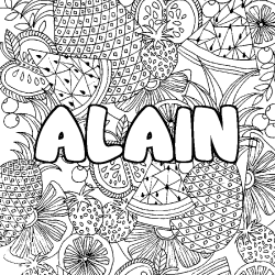 Coloring page first name ALAIN - Fruits mandala background