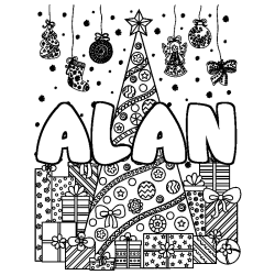 Coloring page first name ALAN - Christmas tree and presents background