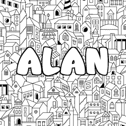 Coloring page first name ALAN - City background