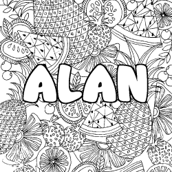 Coloring page first name ALAN - Fruits mandala background