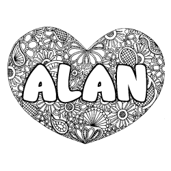 Coloring page first name ALAN - Heart mandala background