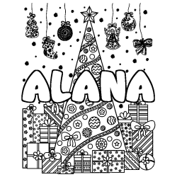 Coloring page first name ALANA - Christmas tree and presents background