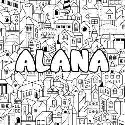 Coloring page first name ALANA - City background