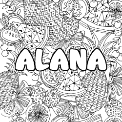 Coloring page first name ALANA - Fruits mandala background