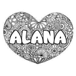 Coloring page first name ALANA - Heart mandala background