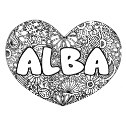 Coloring page first name ALBA - Heart mandala background
