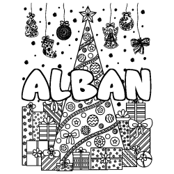 Coloring page first name ALBAN - Christmas tree and presents background