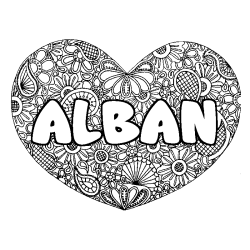 Coloring page first name ALBAN - Heart mandala background