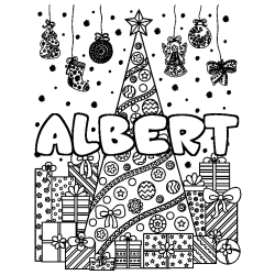 Coloring page first name ALBERT - Christmas tree and presents background