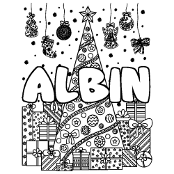 Coloring page first name ALBIN - Christmas tree and presents background