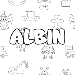 Coloring page first name ALBIN - Toys background