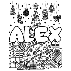 Coloring page first name ALEX - Christmas tree and presents background