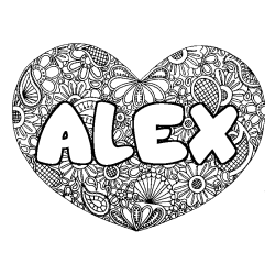 Coloring page first name ALEX - Heart mandala background