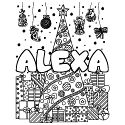 Coloring page first name ALEXA - Christmas tree and presents background