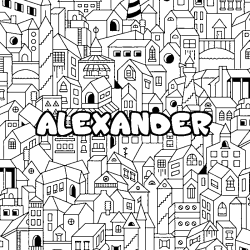 Coloring page first name ALEXANDER - City background